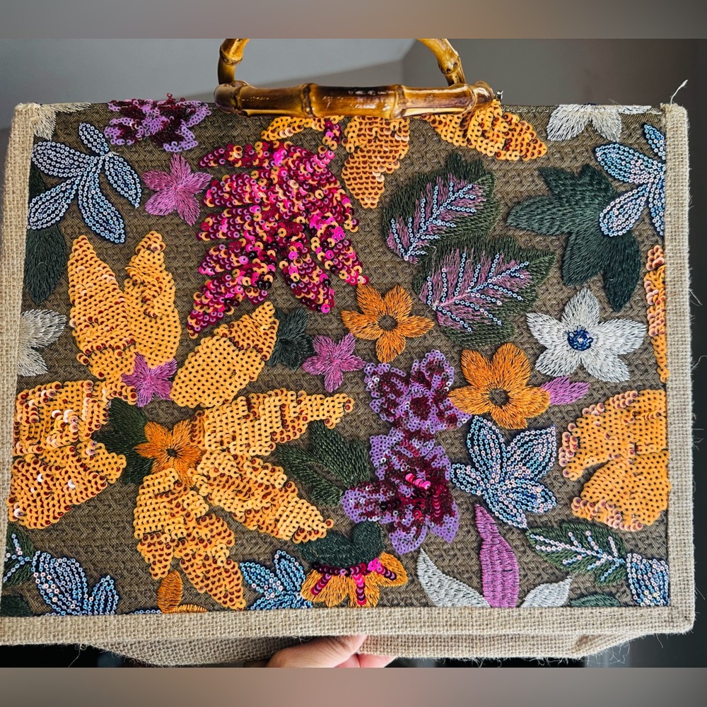 Floral Sequin Women's Bag with Bamboo Handle